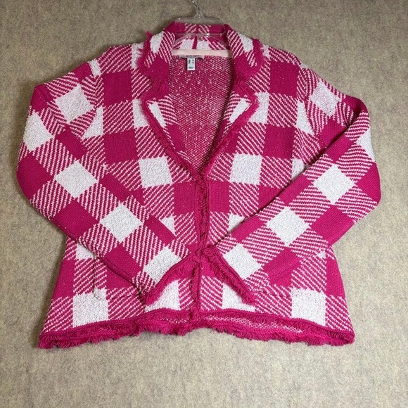 Isaac Mizrahi Live! Sweaters - Isaac Mizrahi Cardigan Women Medium Pink Gingham Knit Blazer Fringe Preppy Fun